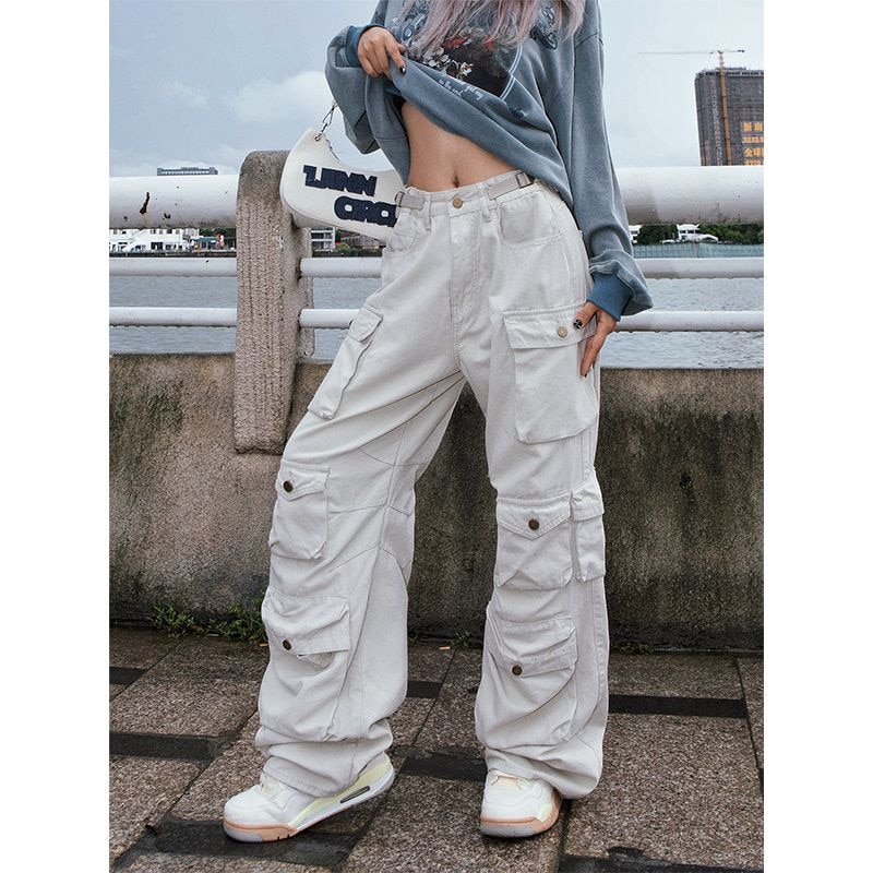 Street Popular Harajuku Style White Multi Pocket Workwear Men's Autumn Winter Loose Casual Straight Pants Work Pants Men New