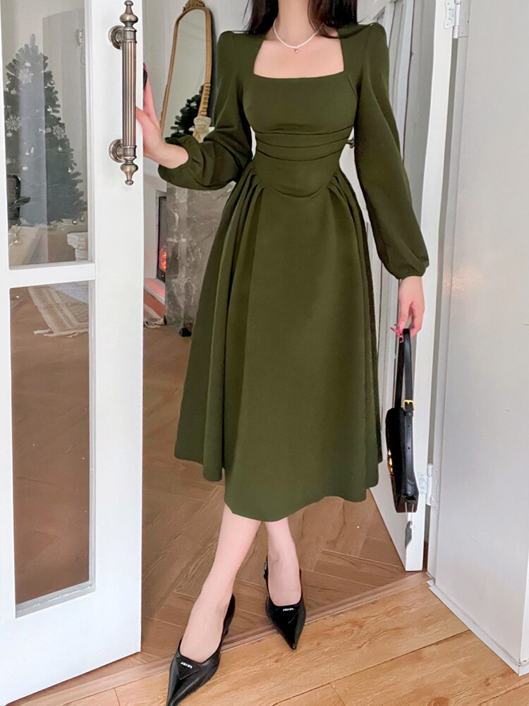 Women Midi Dress Folds Puff Sleeve Corsets Sexy Elegant Bodycon Autumn Elegant Party Casual Lady Long Dress Streetwear