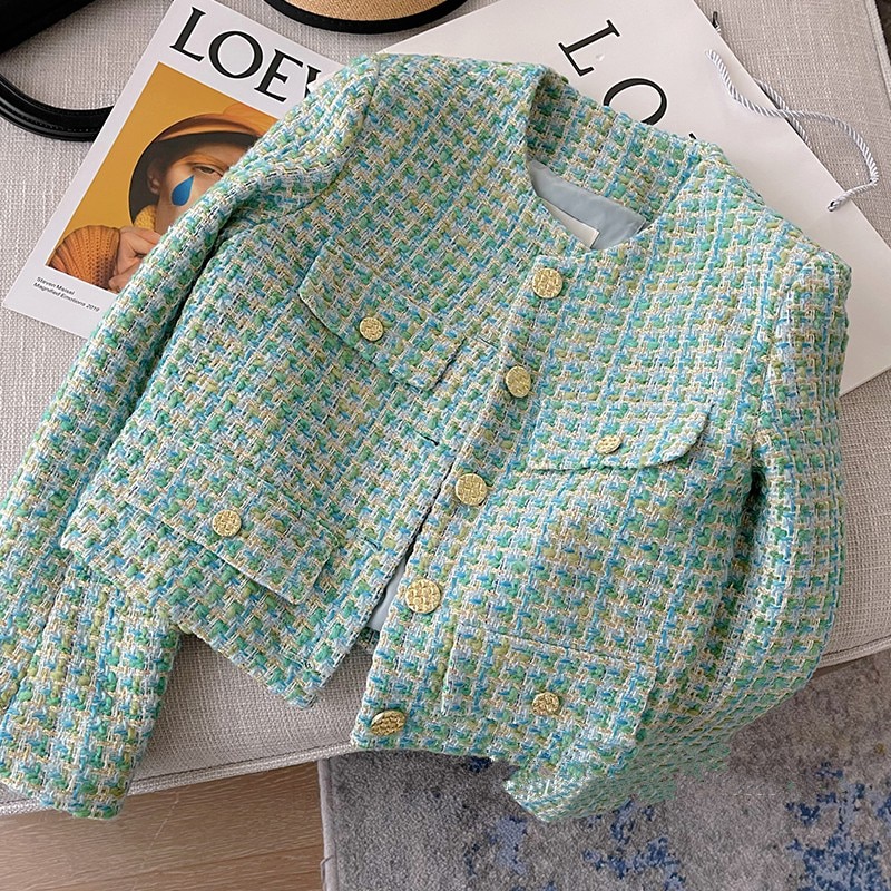 Heavy Industry Light Luxury High Sense Top Women's Jacket 2023 Spring New Plaid Tweed Temperament Short Small Fragrant Coat