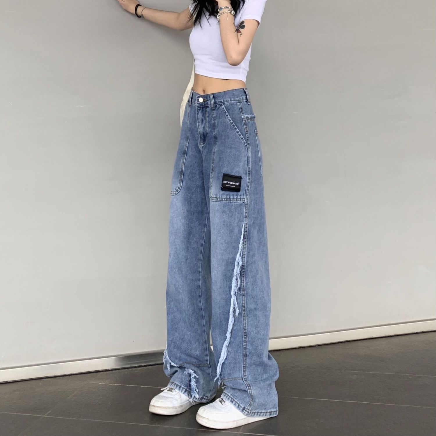 Design Feeling Raw Edge Jeans Women's Spring and Autumn 2023 New High Waist Straight Leg Jeans Loose Fit Wide Leg Pants Fashion